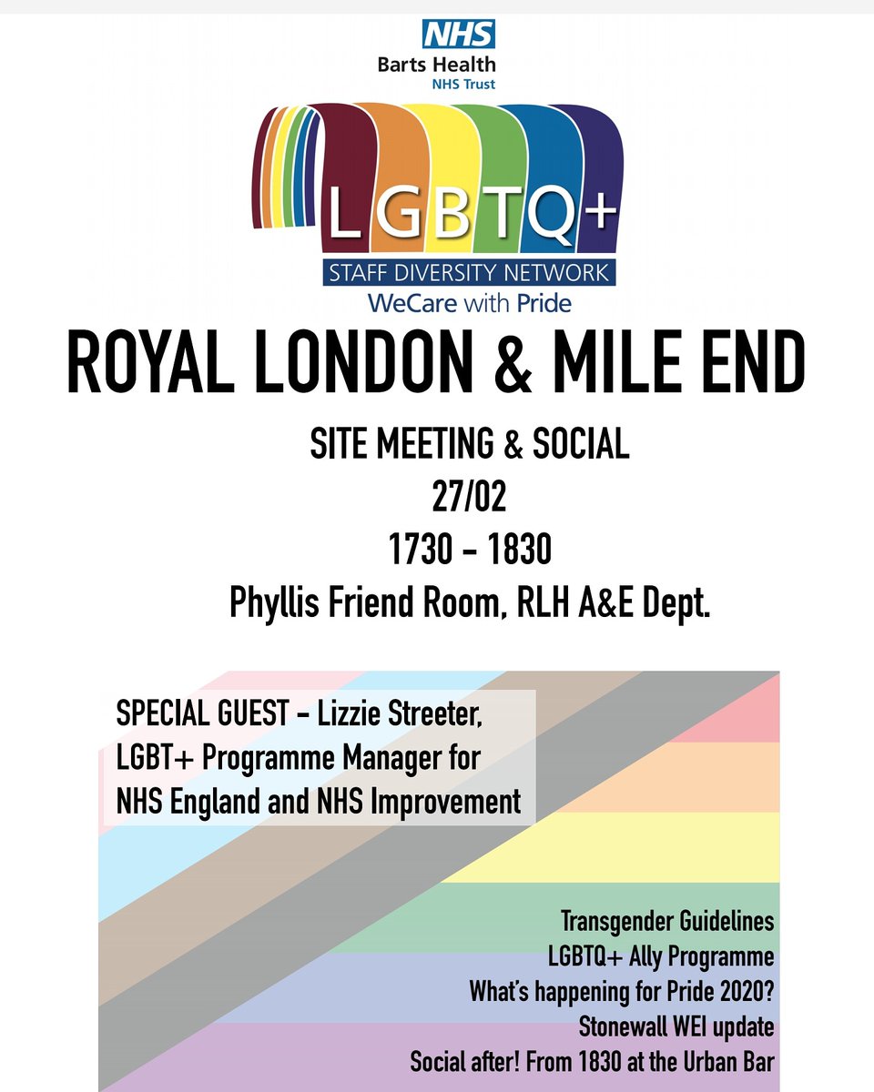 👋 Come join us tomorrow for our @RoyalLondonHosp and Mile End LGBTQ+ Site meeting with a social afterwards! 🌈

We welcome the fabulous <a href="/lizzietweeter/">Lizzie Streeter</a> from <a href="/NHSEngland/">NHS England</a> and will be talking about progress in the Trust.

 #LGBTQProud #WeCareWithPride