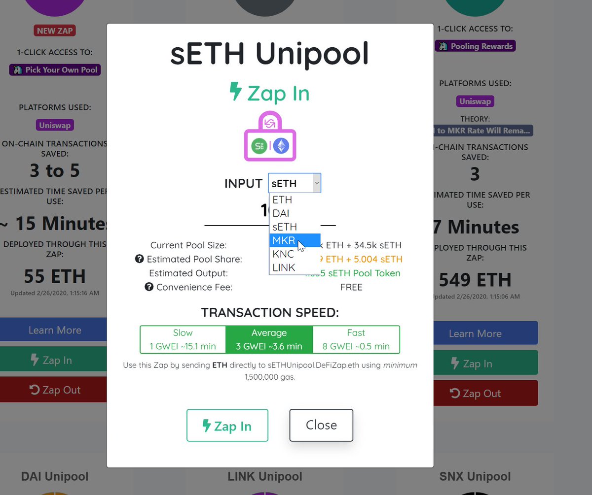 🆕You are now able to Zap in using:
⚡️$DAI
⚡️$sETH
⚡️$MKR
⚡️$LINK
⚡️$KNC

Simply pick an asset from a drop-down and specify your input amount💸

🔗See it in action: defizap.com/zaps

Which additional ERC20s would you like to use for Zapping in? Leave a note below👇
