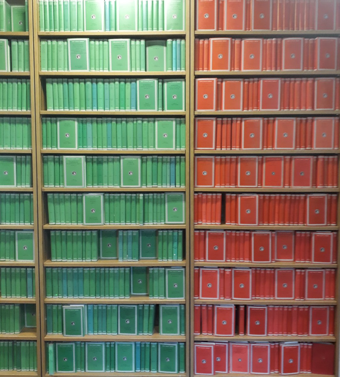 ClassicsAcademy's tweet photo. A beautiful wall of Loebs - those wonderful little books with Greek (or Latin) on the left, and English on the right.  The green ones are the best, of course ... 

#Greek #Latin #ClassicalGreek #AncientGreek #Classics #LoebClassicalLibrary #Loeb #ClassicalCivilisation #GCSEGreek https://t.co/tU8XVyqsPp