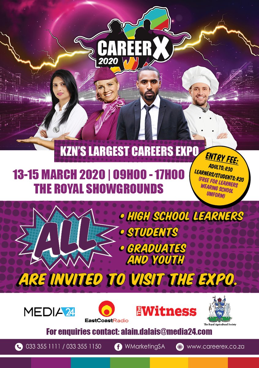 WitnessKZN's tweet image. CareerX exhibition stands can still be booked until 1 March 2020. Get involved as an exhibitor or sponsor - or both! Visit careerex.co.za for more info #CareerX