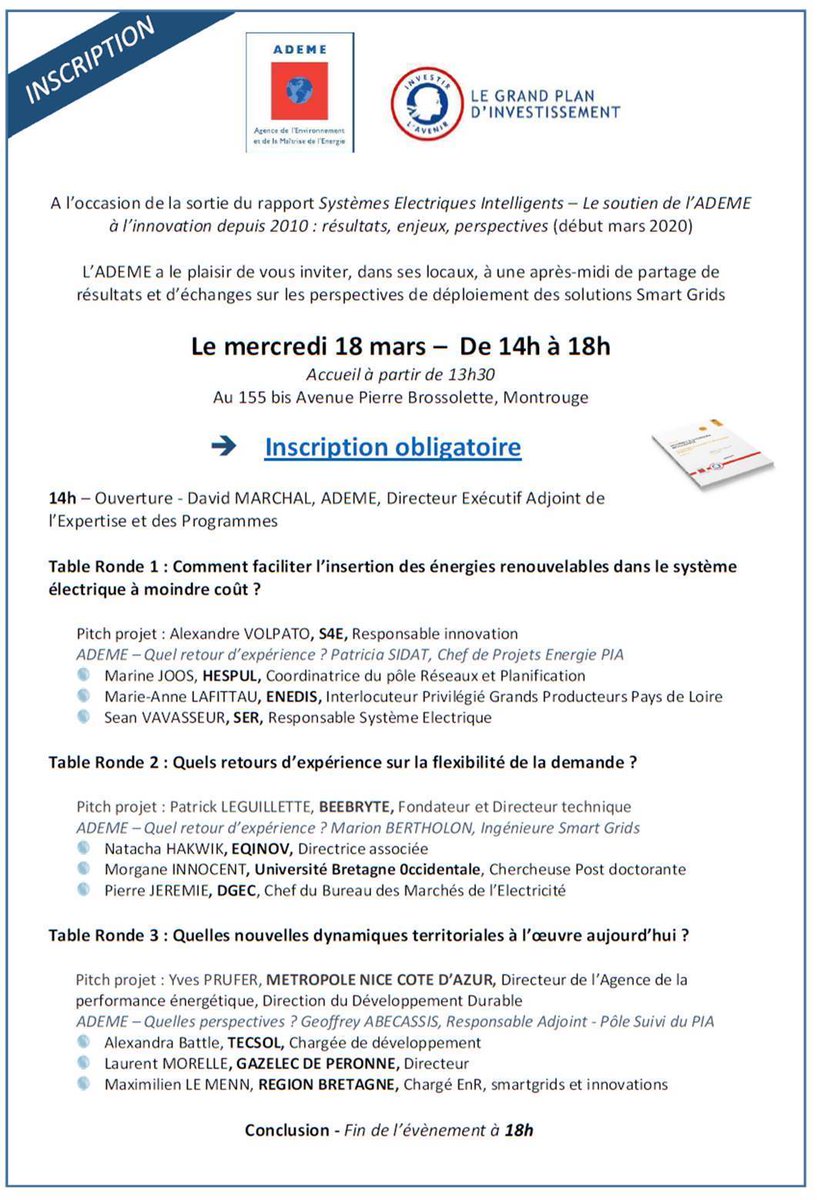 10 ans de financement de l'innovation dans les #smartgrids le 18 mars p.m, il reste quelques places!
<a href="/ademe/">ADEME</a> <a href="/SGPI_avenir/">Secrétariat général pour l’investissement</a> 
👉 response.questback.com/isa/qbv.dll/Sh…