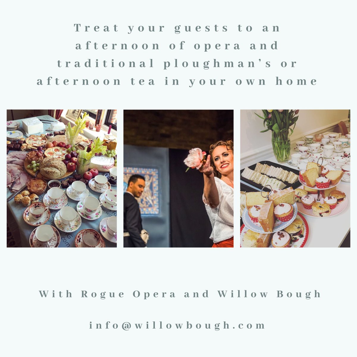 What could be a better way to treat your guests than an afternoon of opera &amp; traditional ploughman’s or afternoon tea? We’re delighted to be teaming up with <a href="/RogueOperaCo/">Rogue Opera</a> 
to offer the perfect package to impress your friends in your own home! 
For info email info@willowbough.com