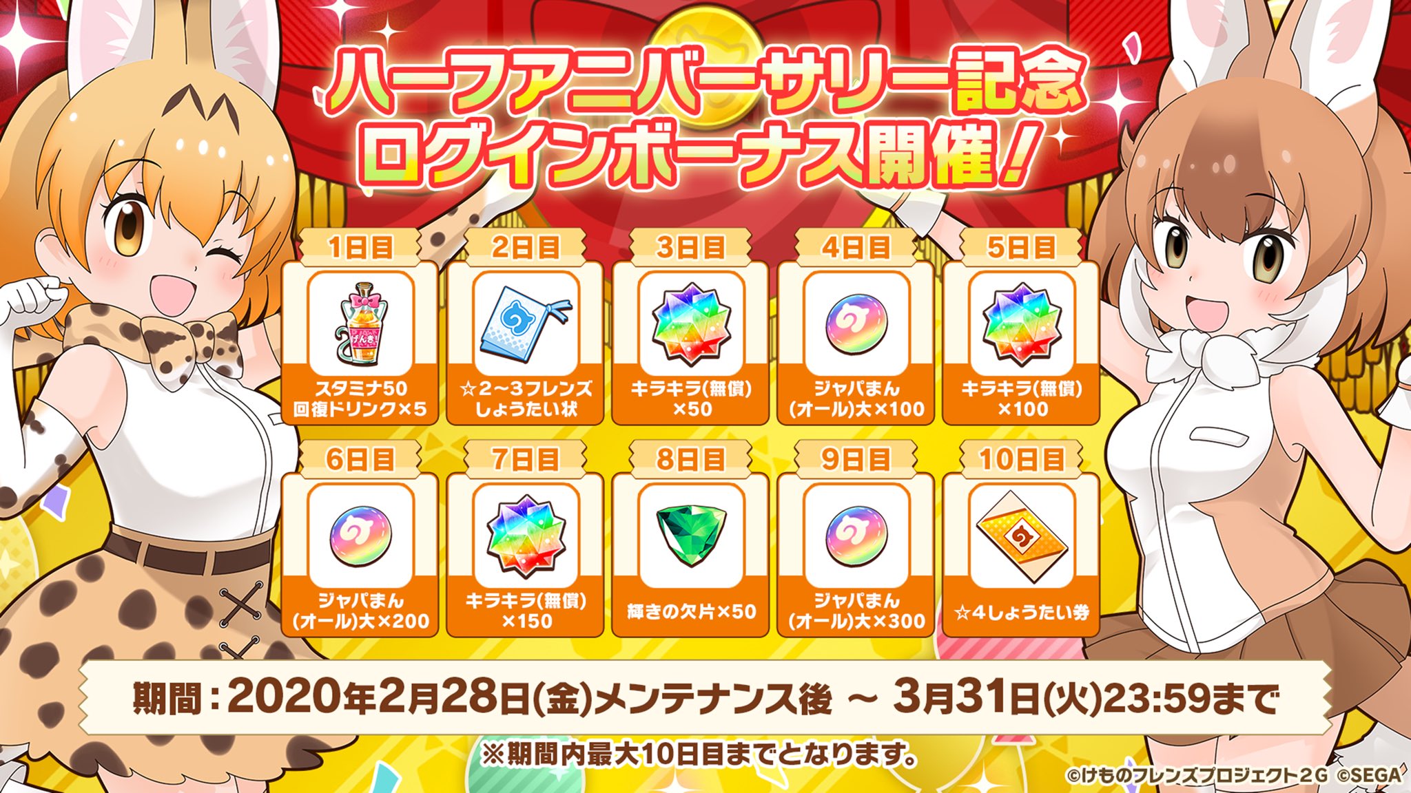 けものフレンズ３ 公式アカウント On Twitter けもレポ でゲーム新情報 ハーフアニバーサリー記念 超豪華ログインボーナスを開催 合計300個のキラキラや大量の育成素材など 今から始める人にも嬉しいプレゼントがたくさん けもフレ３ け
