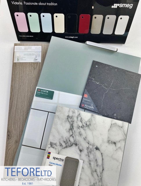 Sample mood board created for our customer who is in the final stages of choosing finishes for her new kitchen with Tefore Ltd. *Seen here new door finishes, Fjord & Truffle Brown Denver Oak.* @smeguk @KarndeanFloors @bushboard @FrankeUK #kitchendesign #moodboard #fittedkitchen