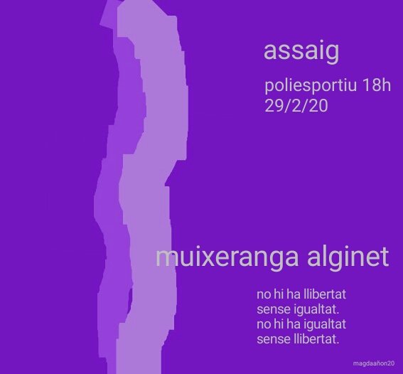 Dissabte 29 a les 18 h, assaig al poliesportiu.

Perquè no hi ha llibertat sense igualtat,
no hi ha igualtat sense llibertat.

Pit, seny i amunt!! 🍍🍍🍍🍍