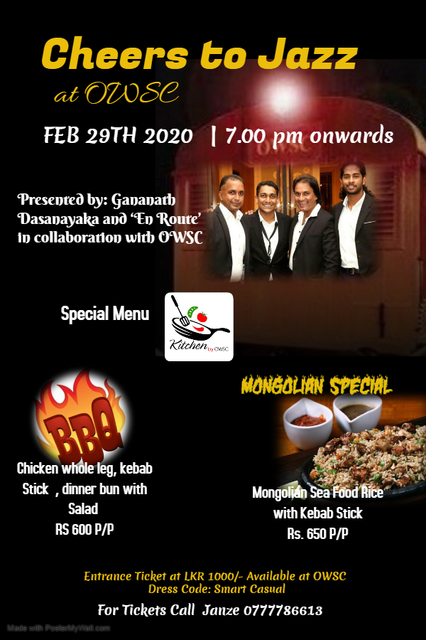 DilshanBoange's tweet image. “Cheers to Jazz”...

A festive evening of wining and dining for jazz lovers, presented by Gananath Dasanayaka and En Route, in collaboration with Old Wesleyites Sports Club (OWSC).

All Are Welcome!

For tickets call 0773135397 

#JazzNight #OWSC #Jazz #Sinatra #ColomboJazz