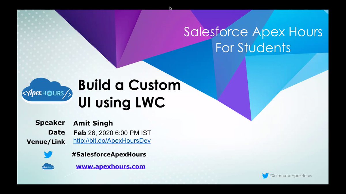 bhaigadepuru's tweet image. We are staring soon in next couple of minutes with our last session of Apex Hours for Developer series. Please do join us and do not miss it @cloudyamit going to talk about How we can build UI using #LightningWebComponents #LWC #ApexHoursDev #ApexHours