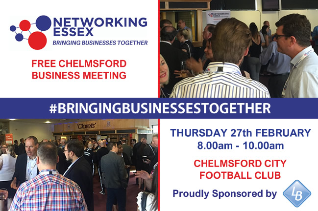 NetworkingEsse1's tweet photo. Not long until our FREE Chelmsford Breakfast Thursday 27th February 8.00am meeting at Chelmsford City Football Club. It is proudly sponsored by LB Group. Don't forget to book your place #BringingBusinessesTogether #LBGroup https://t.co/SebZn9ZlBj https://t.co/oc5C8rir2M