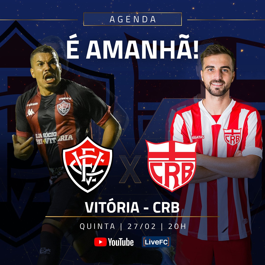 ECVitoria's tweet photo. É AMANHÃ!

@CopadoNordeste | 5ª rodada

VITÓRIA x CRB
27/02 (qui) - 20h
Estádio Barradão
#VemProBarradão

📺 https://t.co/I3TCUt5T8z | Youtube https://t.co/buRF8NiSLX
