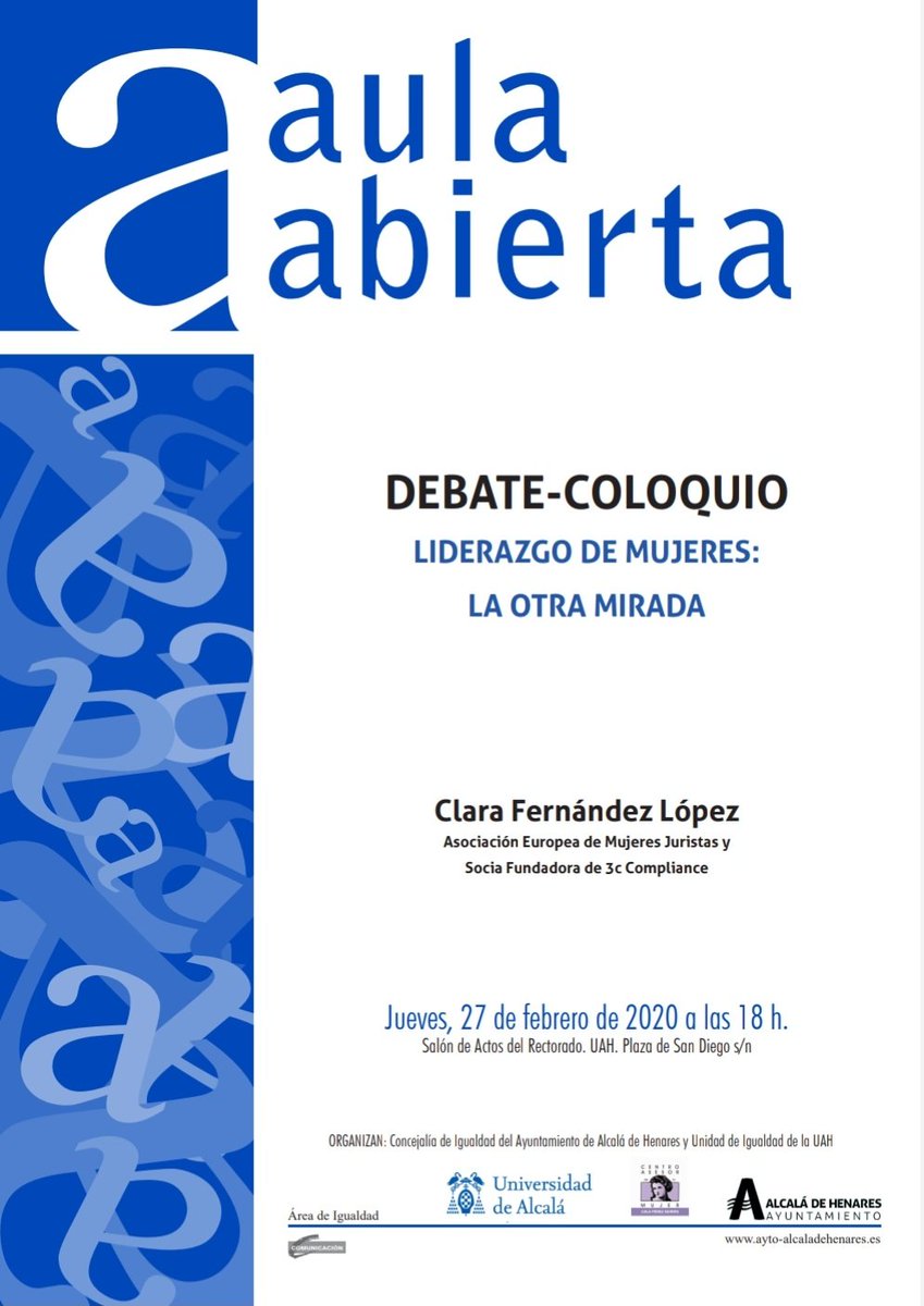 💜 Mañana, nueva edición del debate-coloquio "Aula Abierta" <a href="/AytoAlcalaH/">Ayuntamiento de Alcalá de Henares</a> <a href="/UAHes/">Universidad Alcalá</a>, con Clara Fernández López, de la Asociación Europea de Mujeres Juristas"

📅 Mañana, 27 de febrero
⏰ 18h
📌 Salón de Actos del Rectorado <a href="/UAHes/">Universidad Alcalá</a>