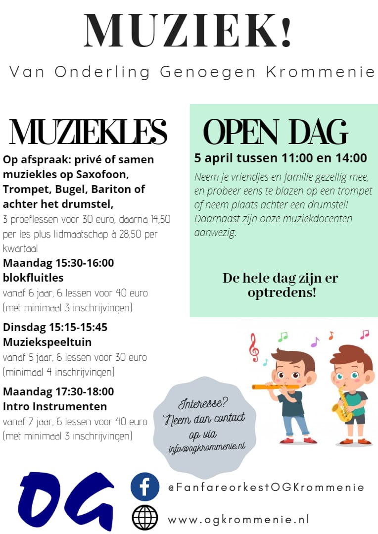 5 april OPEN DAG van 11.00 - 14.00 uur. Kom instrumenten proberen, maak kennis met de docenten en informatie over de vereniging.
