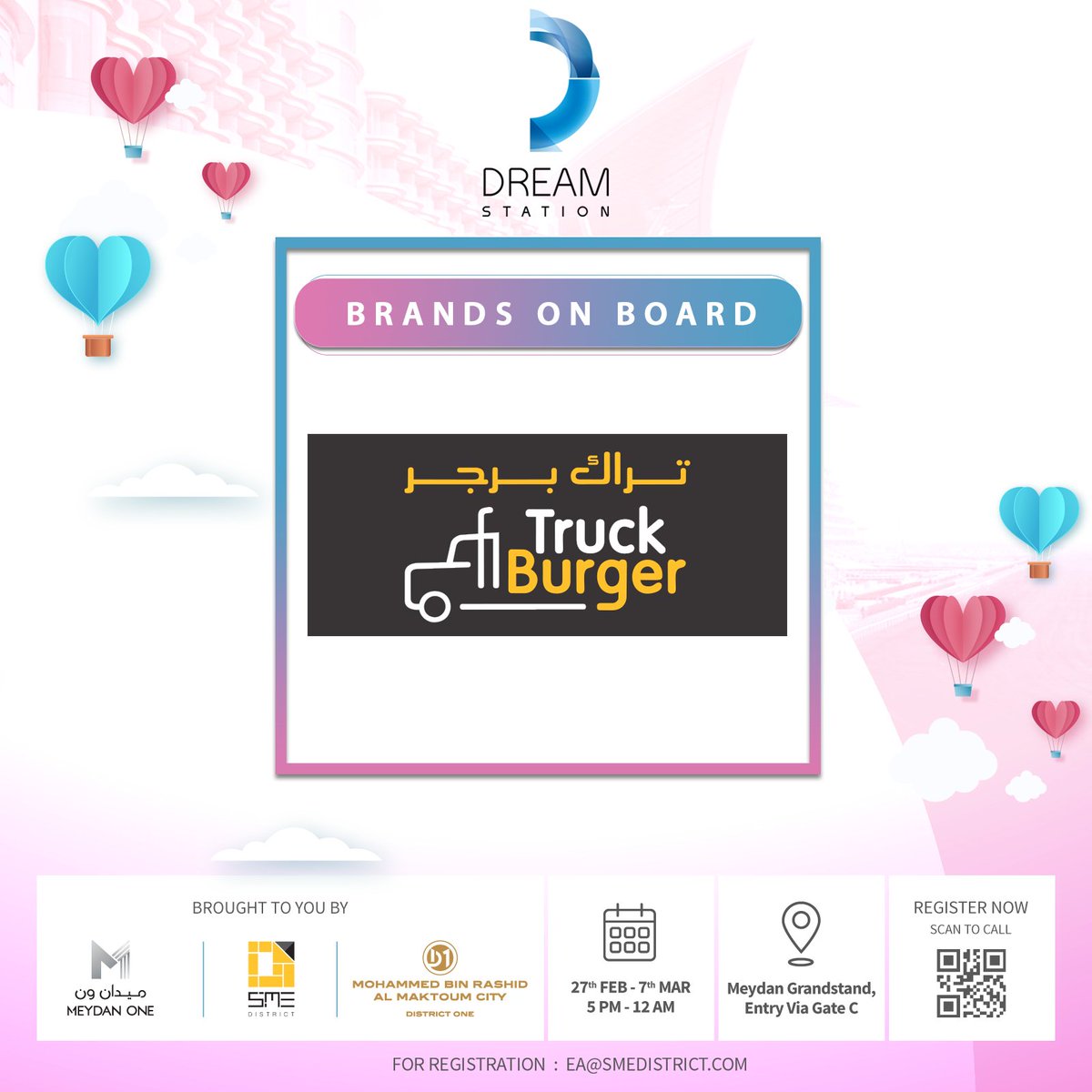 SMEDistrict's tweet photo. Excited to have "Truck Burger" on-board with us as F&amp;B Brand for DREAMSTATION2020, The Biggest Entrepreneurship Festival in UAE 🙌 Happening in Dubai at Meydan Grand Stand on 27th Feb till 7th March.

Brought to you by: @SMEDistrict, Meydan One &amp; District One https://t.co/buzMQkWqXb