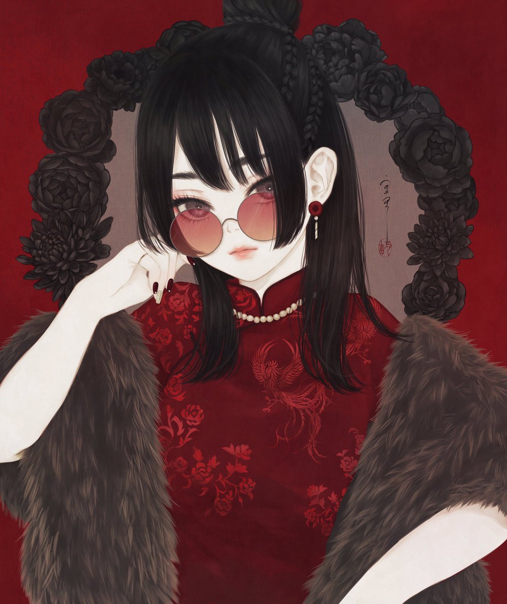 solo 1girl tinted eyewear jewelry chinese clothes red background looking over eyewear  illustration images