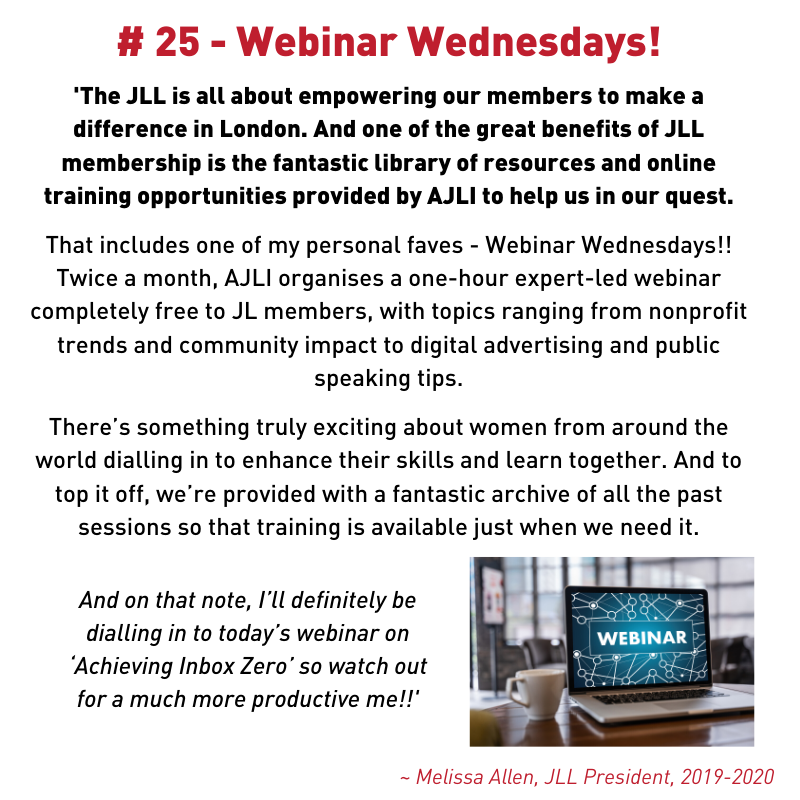 JrLeagueLondon's tweet photo. #35CheersFor35YearsofJLL 🎉🤗 Reason 25: Webinar Wednesdays! 
One of the many benefits of #JuniorLeague membership.  

#Happy35thJLL #ThisJLLCan #JLLCatalysts4Change #CivicEngagement #Leadership #Training #Philanthrophy #London #Community #Learning #JrLeagueLondon https://t.co/wLVlTdRaTN