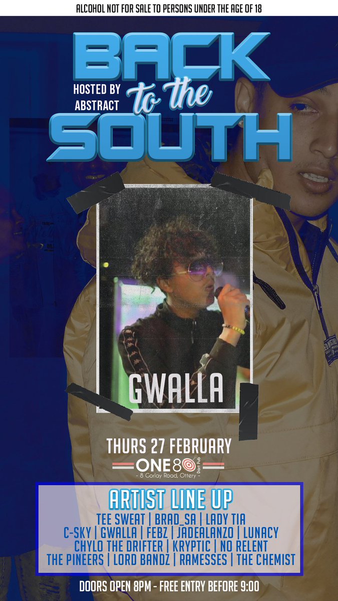 BACK2THESOUTH's tweet photo. Back to the South offers you underground and unknown talent from all over Cape Town!

This Thursday! FREE ENTRY BEFORE 9PM

Event takes place @ 180 Dart Pub - 8 Gorlay Road
An opening act for the one and only J Molley, introducing Gwalla https://t.co/W8SSdq2vRy