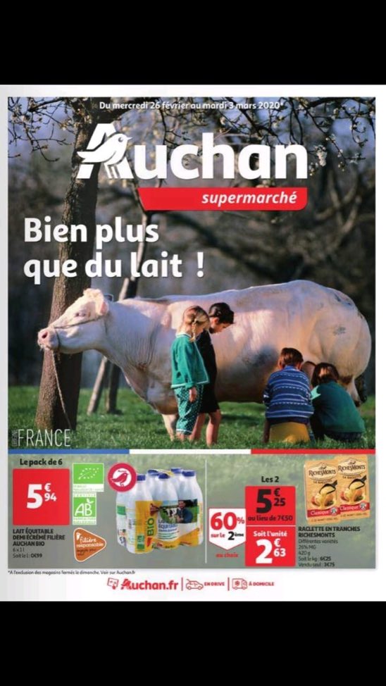 Beaucoup de monde pour réagir à cette pub de  @AUCHAN_FranceCette photo symbolise la distance entre agriculteurs et consommateurs créée via le mauvais travail du marketing des GMS.Heureusement, aujourd'hui, il y a Twitter Sur la photo, une vache Bleue Blanc Belge (BBB) 