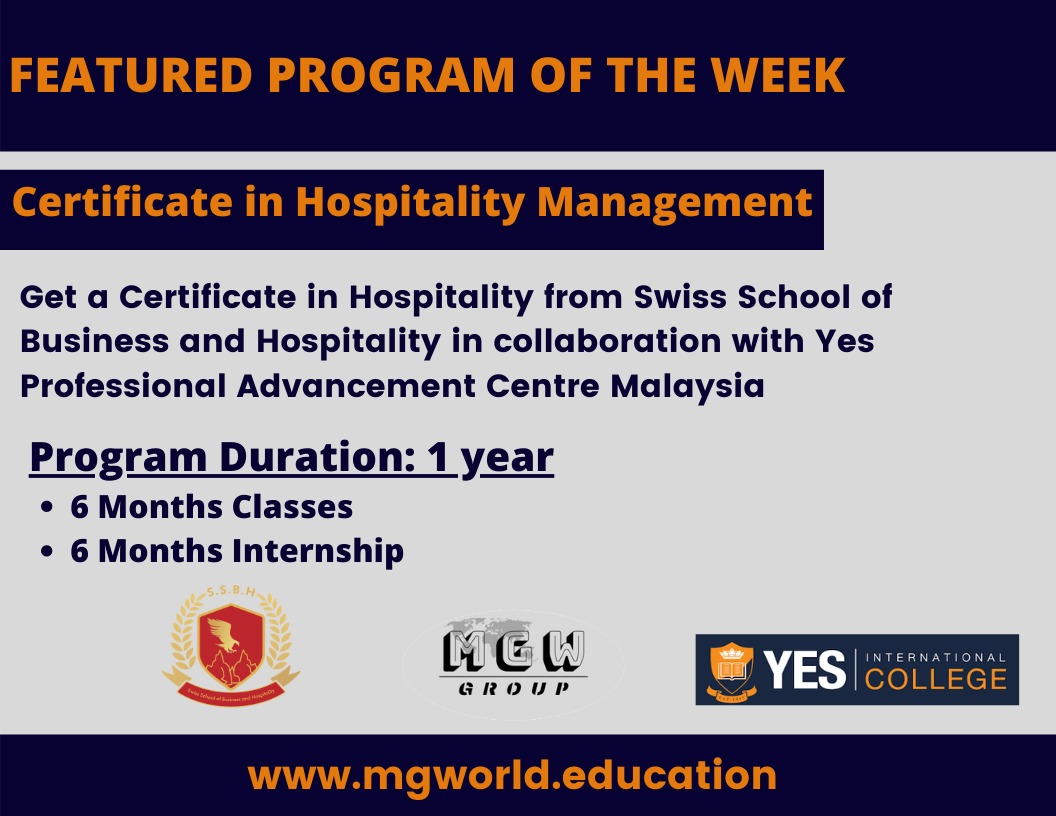 mgwGroup's tweet photo. Featured Program of the week!

Get a Certificate in Hospitality from Swiss School of Business and Hospitality in collaboration with Yes Professional Advancement Center Malaysia

For further info:
Visit: https://t.co/CnzoxnIFiE
#mgw #ssbh #yes_college #hospitality_management https://t.co/X2jG6Ijq3Q