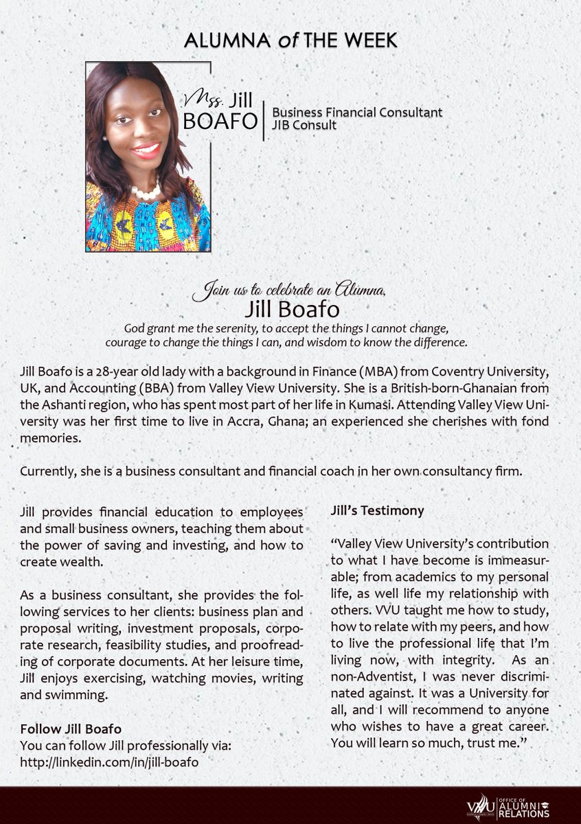 vvualumni's tweet photo. ALUMNA OF THE WEEK

Join us to celebrate an Alumna, 
Jill Boafo
“Valley View University’s contribution to what I have become is immeasurable; from academics to my personal life, as well life my relationship with others..."

@: https://t.co/Z7YyA4WiZ9 https://t.co/rWgZqaqoq9