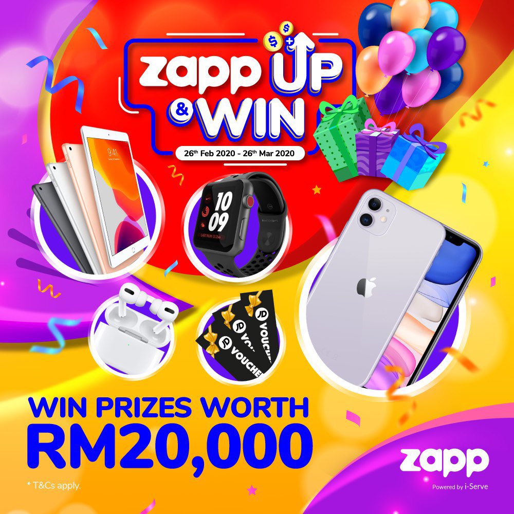 Zapp Up &amp; Win Prizes Worth RM20,000! 🎁🎉  
.
How To Join:
1⃣ Sign Up with Zapp
2⃣ Activate e-Wallet
3⃣ Top Up RM20
.
See what awesome prizes are up for grabs -> zapp.com.my/zappup
.
Contest ends 26 March 2020.
.
T&amp;C apply.
.
#ZappUpandWin #ZappMalaysia