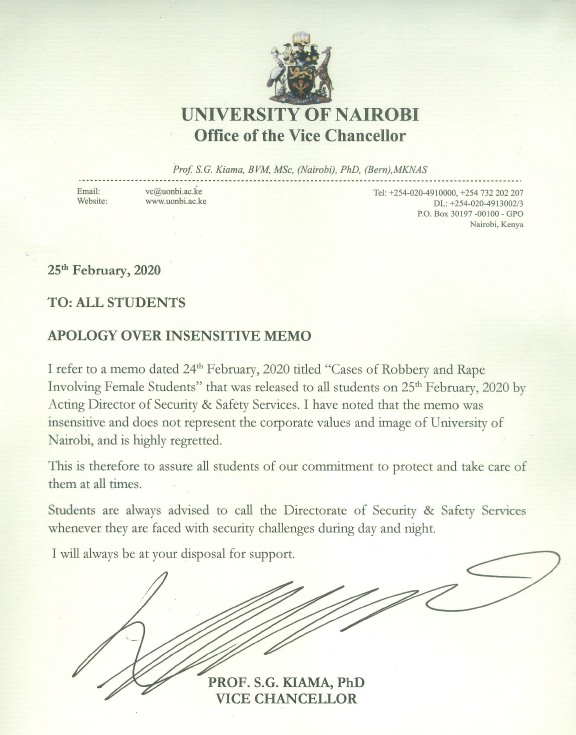 uonbi's tweet photo. The @vcuonbi Prof. Kiama  sent an apology over the insensitive memo https://t.co/4Qpgr00EAO