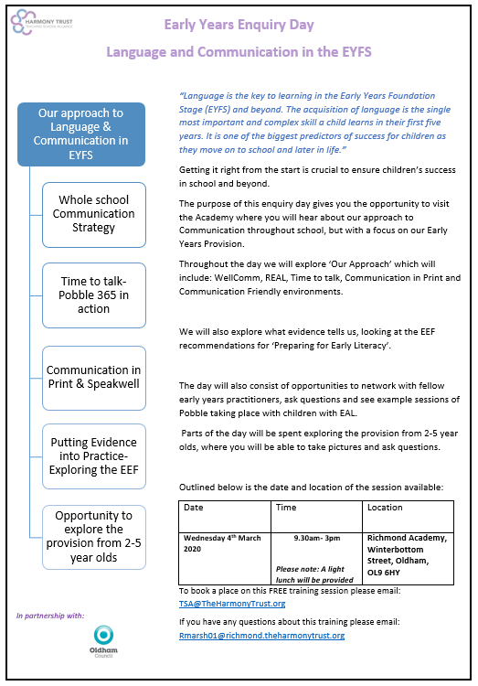 FREE for Oldham Early Years settings - Early Years Enquiry Day Wednesday 4th March 2020 <a href="/Richmond_HT/">Richmond Academy</a> in partnership with <a href="/OldhamCouncil/">Oldham Council</a> <a href="/MissMarsh_HT/">Miss Marsh</a> #EYFS email TSA@theharmonytrust.org to book your place
