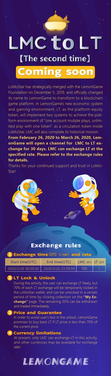 Lemongame_world's tweet photo. 📢LoMoStar has strategically merged with the LemonGame Foundation and changed into LemonGame as a blockchain game platform.
We can exchange LMC to LT at the specified rate during the period, Feb.26-Mar.26.Don't miss it if you own LMCs.
#mergers #LemonGame #Token #Exchange https://t.co/gTFka6YqDH