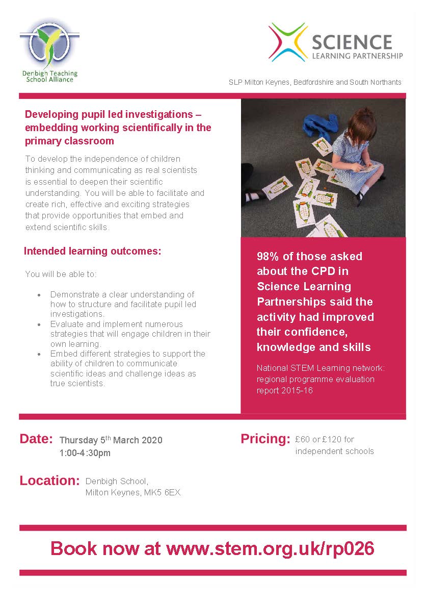 Last chance to book - don't miss this fantastic course 'Developing pupil led investigations - embedding working scientifically in the primary classroom.' stem.org.uk/cpd/462186/dev…
<a href="/STEMLearningUK/">STEM Learning</a>
#STEMUK #science #teaching