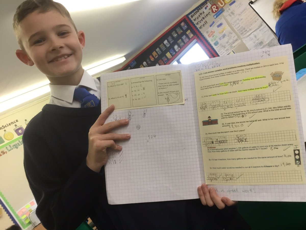 InspirationsStm's tweet photo. Here is a wonderful example of what can be achieved in Maths reasoning sessions if you put π― % into your work! Well done π , you have used your understanding multipliction to find the answers to these tricky word problems #stmMaths #stmProblemSolving #stmMultiplication https://t.co/w9fQbFjU2u