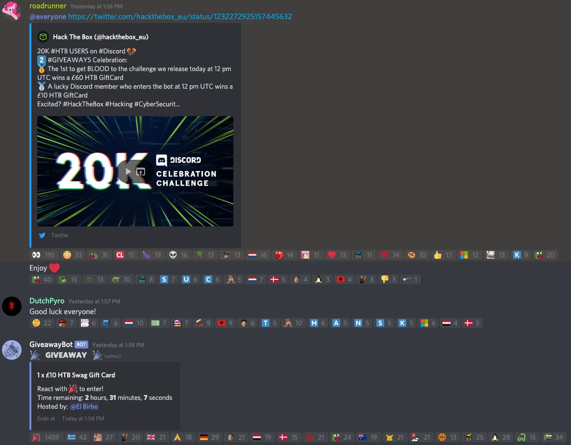 Hack The Box on X: This is a nice reaction 👏! 1459 users entered the #HTB  #Discord giveaway bot! Make sure to enter the competition now. It is open  till today at