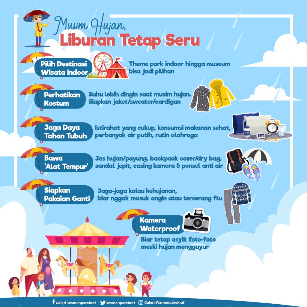 wamenparekraf's tweet image. Mau liburan kamu tetap seru di musim 🌧🌧 hujan?

Ini tipsnya 😉

#WamenparekrafUpdate #TipsLiburan