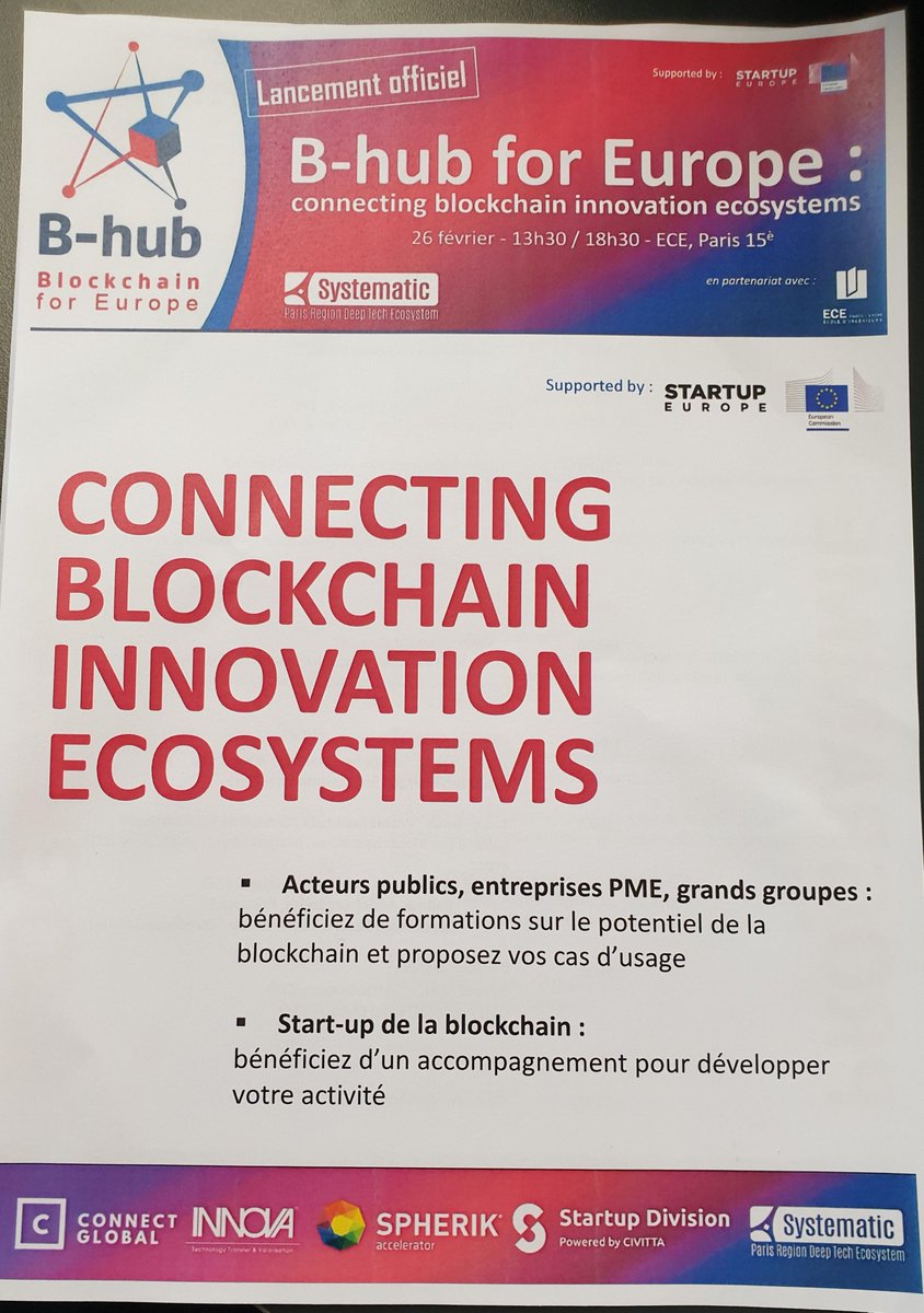 😀Starting shortly!  French <a href="/B_Hub4eu/">B-hub Blockchain for Europe</a> Launching event, 
👉connecting #blockchain innovation ecosystems, with <a href="/StartUpEU/">Startup Europe & Innovation Radar</a> support.
🙏Thanks a lot to @IngenieursECE School for hosting us today.