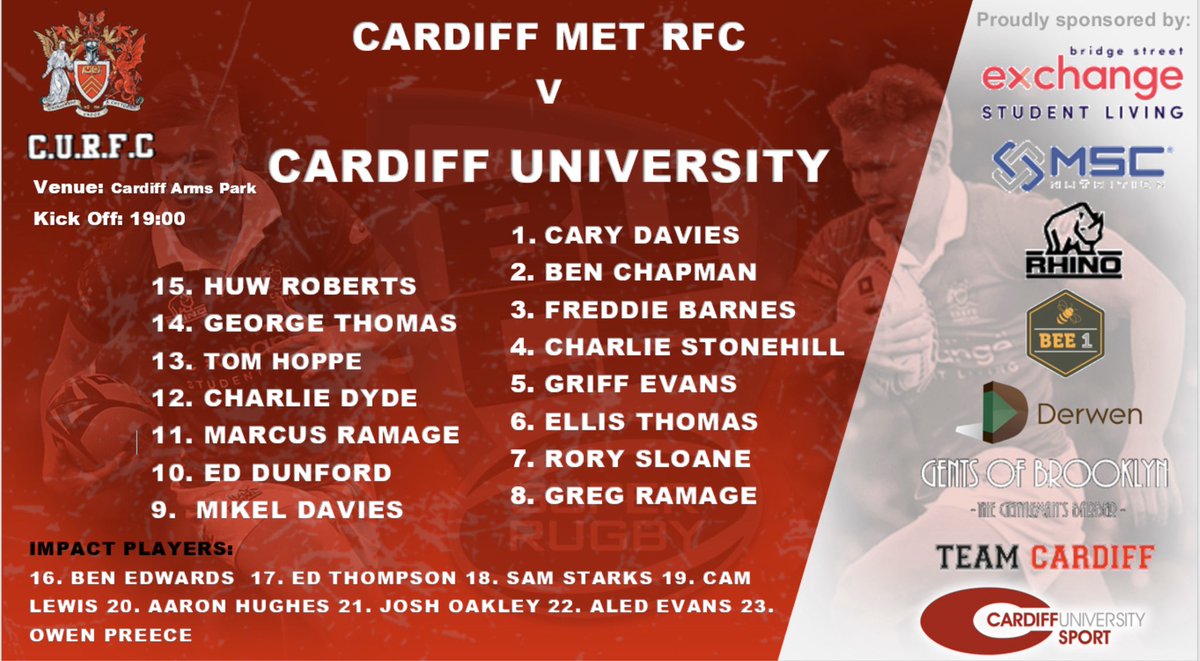 Your team for the penultimate <a href="/BUCSSuperRugby/">BUCS Super Rugby</a> league game of the season vs <a href="/cardiffmetrfc/">Cardiff Met RFC</a> - go well boys!

Make sure you get to <a href="/ArmsParkCardiff/">Cardiff Arms Park</a> early to cheer on the boys! Remember, no ticket no entry! 🔴⚫️