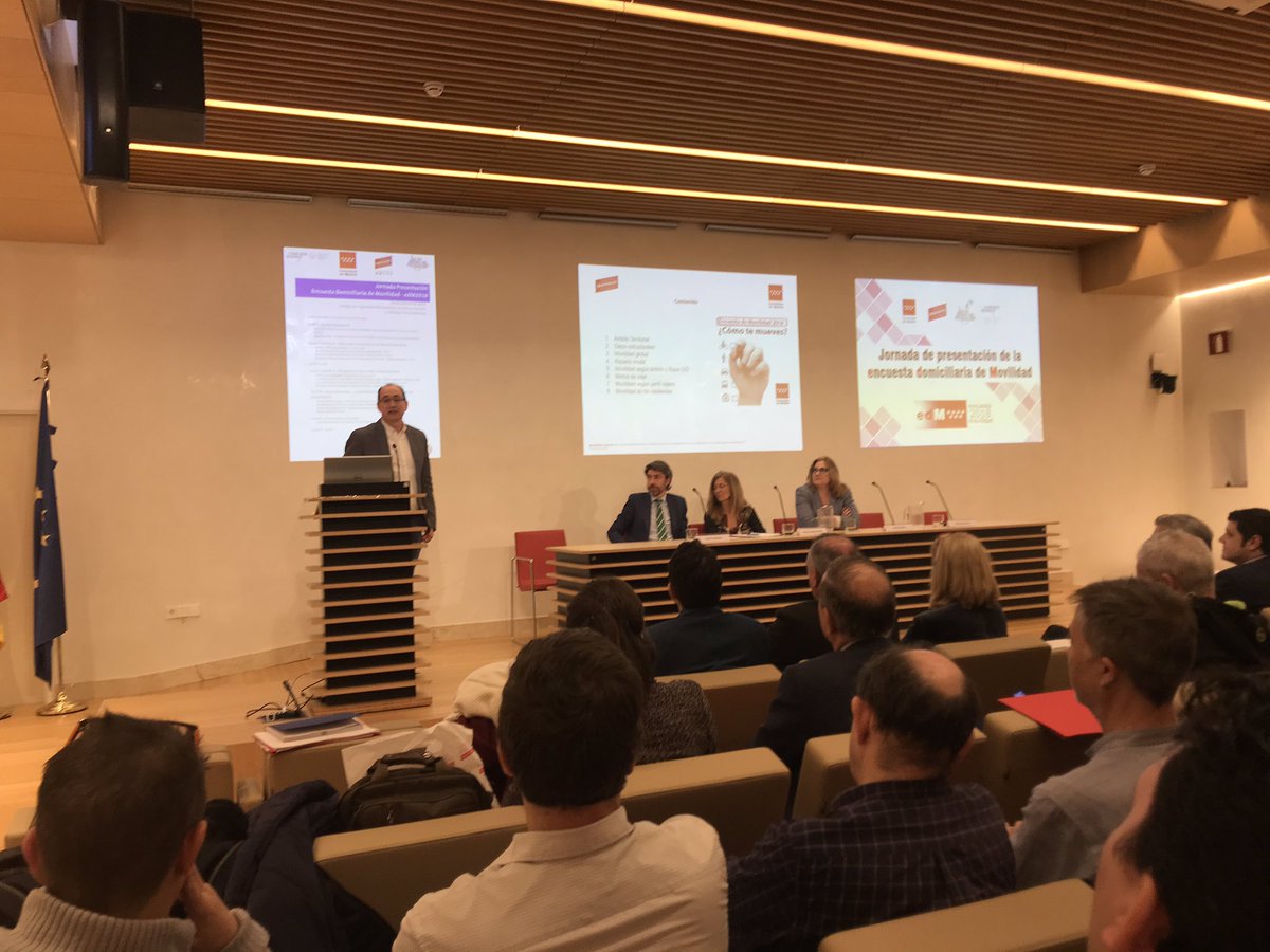 caminosmadrid's tweet photo. #edM2018 Domingo Martín,del CRTM, ofrece el diagnóstico de #movilidad en la Comunidad de #Madrid,resultados por ámbitos territoriales: hay 16 millones de viajes en un día laborable,más del 60% en modos sostenibles,aunque el uso de vehículo privado aumenta en ámbito metropolitano. https://t.co/qnzz8hiEtf