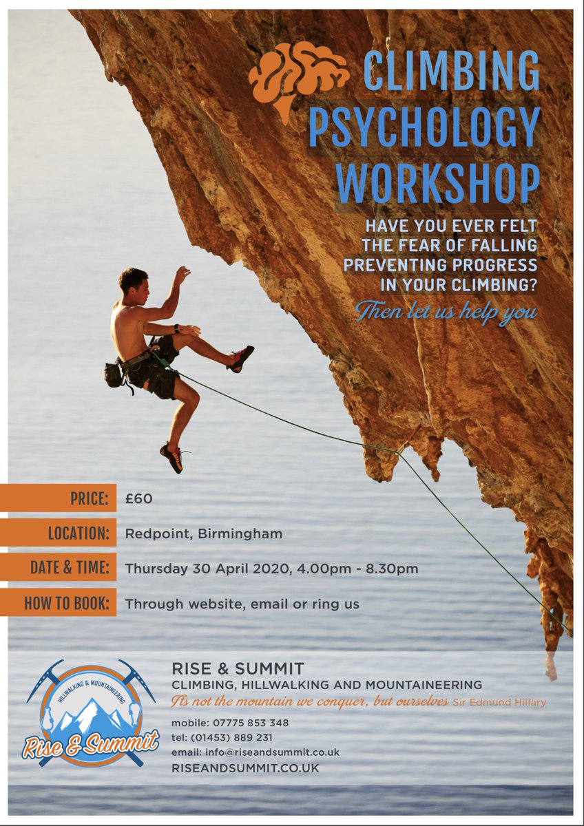 Redpoint Climbing Wall (@redpointbham) on Twitter photo If the fear of falling is holding you back, Rise and Summit are holding a Climbing Psychology workshop at Redpoint on Thursday 30th April. Contact info@riseandsummit.co.uk to book. If the fear of falling is holding you back, Rise and Summit are holding a Climbing Psychology workshop at Redpoint on Thursday 30th April. Contact info@riseandsummit.co.uk to book.
