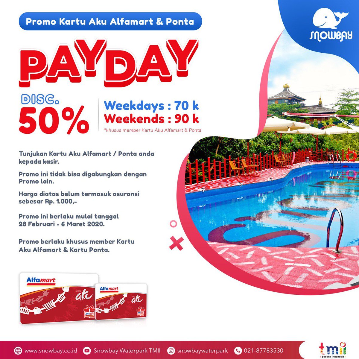 SnowBayID's tweet photo. Hi snowers, khusus di tanggal 28 februari - 06 maret 2020 bagi yang memiliki Kartu Alfamart atau kartu Ponta cukup tunjukkan kartunya dan bisa dapat menggunakan promo PAY DAY discount 50% dari HTM Normal SnowBay. 

Kuy lah,, berlaku 1 minggu aja ya Snowers.

@ponta_id https://t.co/ggKbfnt2LQ