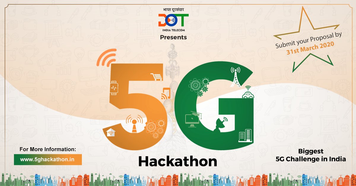 Hackathon5g's tweet photo. With this initiative @DoT_India is looking to both identify #5G use cases and inspire startups, companies &amp; individuals to design new ideas that will improve connectivity and access. Submit you applications now - https://t.co/f0sS7KCTqO https://t.co/pLMVBxxV6R