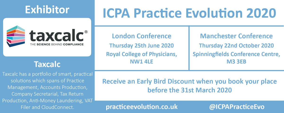 Find out more about the Practice Evolution exhibitor <a href="/taxcalc/">TaxCalc</a> who will be exhibiting at our #London and #Manchester Conference's in 2020! #PracticeEvolution ow.ly/hvhq30q8pBi