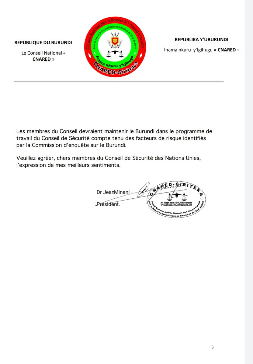 #BURUNDI, #CSNU
5. Le CNARED plaide enfin le maintien du BURUNDI ds le programme de travail du Conseil de Securité des NU compte tenu des facteurs de risques observés ds cette periode préélectorale mais aussi identifiés par la Commission d'Enquête sur le BDI.
<a href="/unsc/">UNSC</a> <a href="/BelgiumUN/">Belgium UN New York</a>
