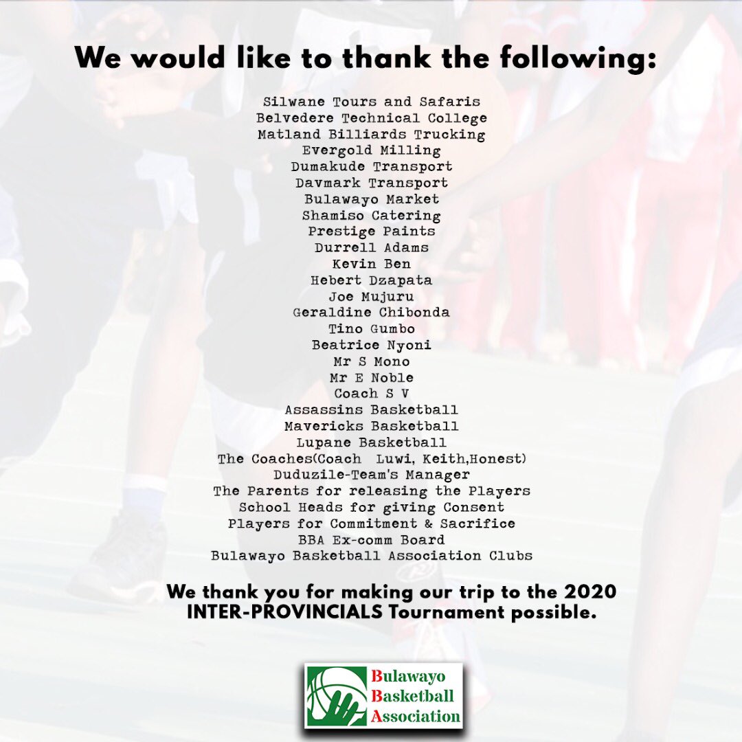 bulawayobasket2's tweet photo. THANK YOU!!!👏
So many had a role to play in #TeamByo travelling to Harare Province for the 2020 Inter-Provincial Tournament held this past week. We are very greatful to you all and we salute you! #bulawayobasketball #teambyo #saludos #interprovincials #harare #zimbabwe https://t.co/NF6kNtfcbA