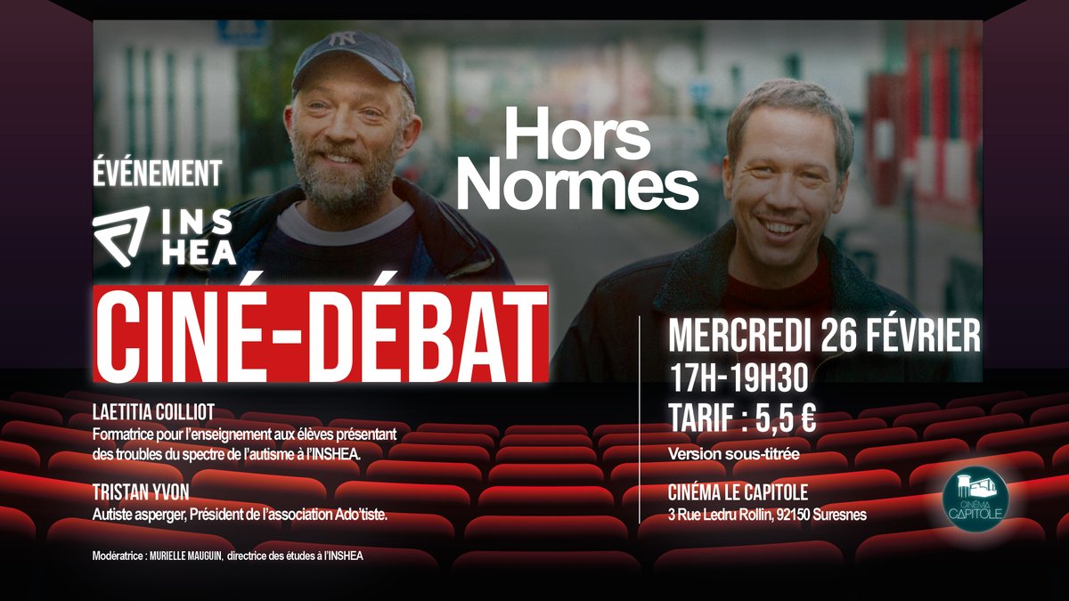 🎥💬 ÉVÉNEMENT | Le premier Ciné-Débat de l'INSHEA c'est aujourd'hui au #cinéma le Capitole (Suresnes, 92), autour du film primé « Hors normes », en présence de spécialistes #TSA.
📅 Mercredi 26 février
🕔 17h-19h30
💰 Tarif : 5,5 € 
👉 ow.ly/KtaD50ywfyX