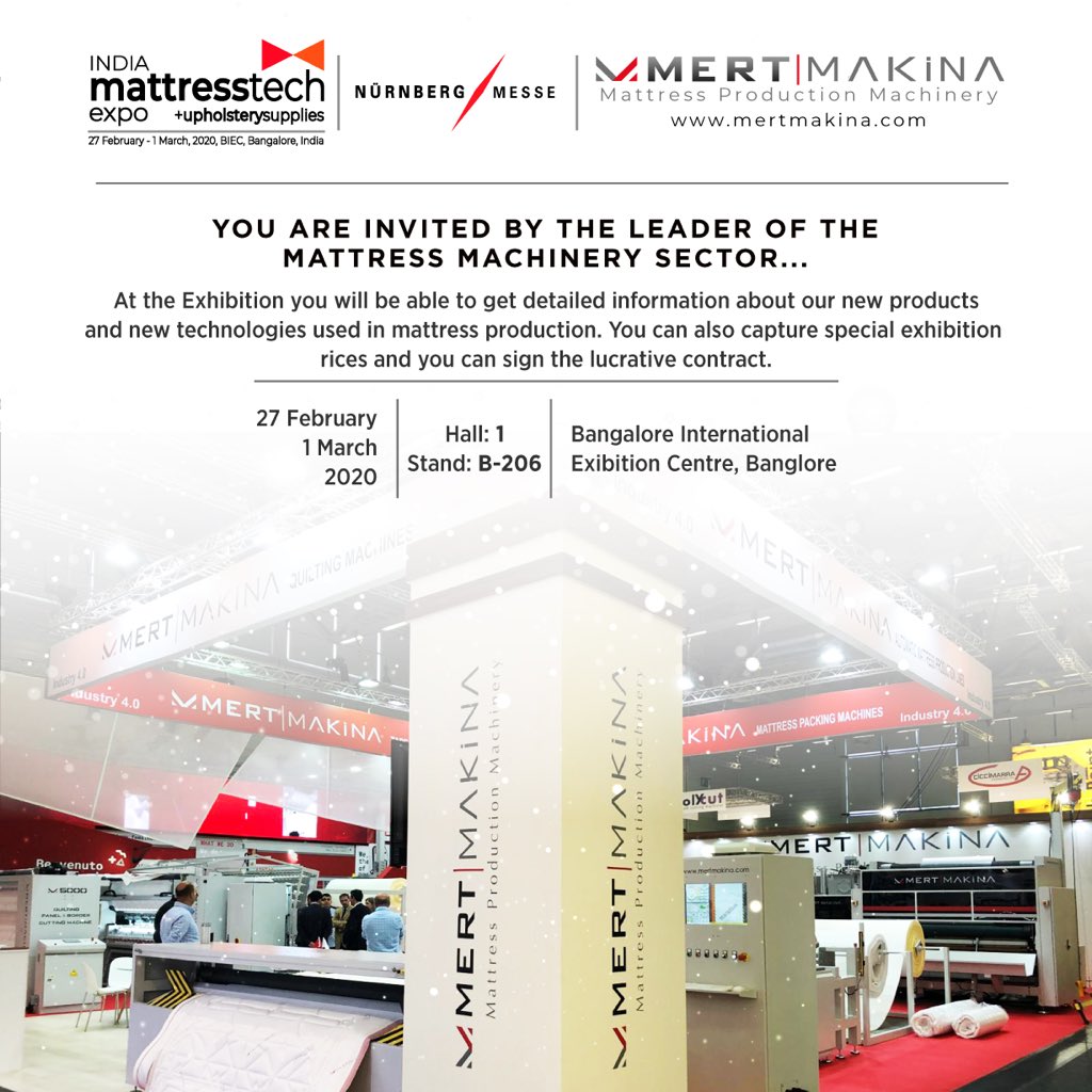 MertMachinery's tweet photo. Mert Mattress Machinery invites you to visit the company booth at India Mattress Tech Expo 2020.
.
Hall: 1
Stand: B206

#MertMakina #MertMattressMachinery #Mattress #MattressMachinery #MattressMachine #QuiltingMachine #TapeEdgeMachine
@indmattresstech 

🌐 https://t.co/FJhmlAIdS4 https://t.co/0CQ0BUkGRE