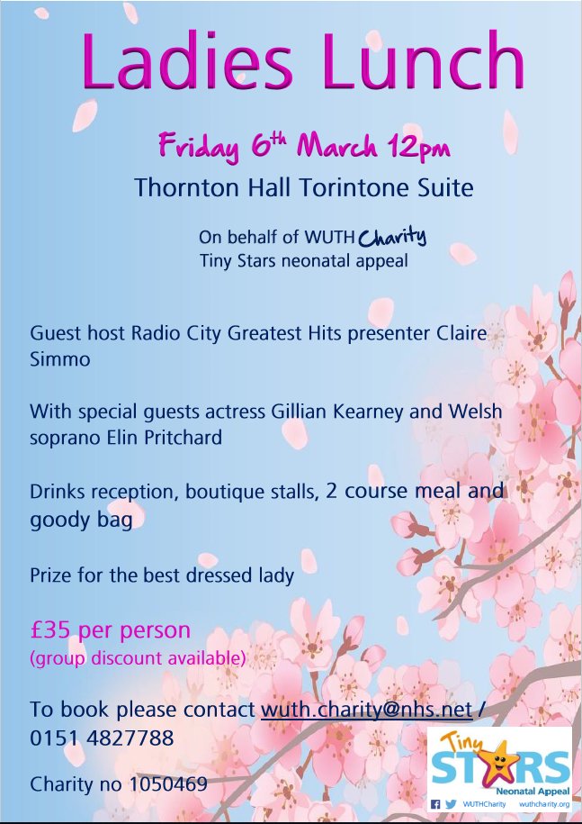 wuthcharity's tweet photo. Last few days to get your tickets for the ladies lunch. Email WUTH.charity@nhs.net for more info x @PritchardElin @RadioClat1386AM  @VictoriaBurrow1 @Jo_Bertz @PhilCra39401192 @clairesimmo @MandyMolby @thornton_hall @WhatsOnWirral @WIRRALGLOBENEWS @Wirral_Talk @WUTHstaff @wuthnhs https://t.co/AdLfcrNf72