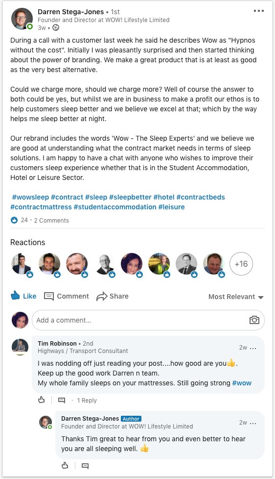 wowsleepexperts's tweet image. Great post from our Co-Founder Darren on LinkedIn recently, and even better to read Tim&apos;s feedback!

Click on the image below to see it 👇

Come and join us LinkedIn @ bit.ly/3a6RPdC