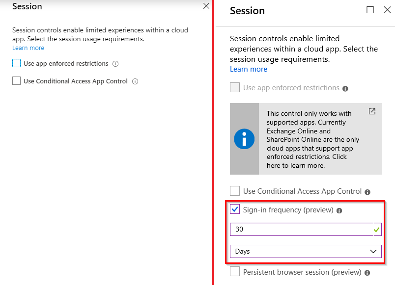 burrir's tweet photo. Azure Conditional Access: Missing session control for sign-in frequency and persistent browser session since Tue. (when configuring on the portal).
Existing policies still show them but do not allow modifying.
Anyone knows what is going on? Has the preview ended?
#Azure #AzureAD https://t.co/HkRYumxvz9