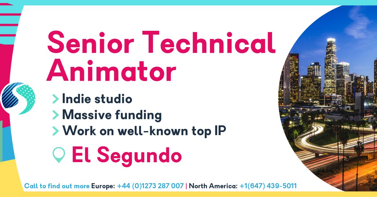 SkillsearchJobs's tweet photo. We're looking for a Senior #TechnicalAnimator to join an impressive studio in #ElSegundo, #CA. If you're passionate about creating complex game art, read more and apply now...

#WereGameAreYou #Gamesjobs #GamesAnimationJobs #CaliforniaJobs #LAJobs https://t.co/WHDBCK1yGa https://t.co/dIn62338m4