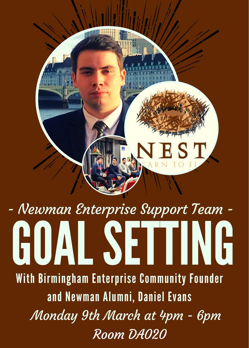 Hello Newman! Exciting news, we have Daniel Evans ( @DAEvans91 )a former chair of NEST and co-creator of <a href="/bhamec/">Bollen Hamec</a> . He will be enlightening us about Goal Setting within the enterprise world. It is a free and accessible event to all Newman students.
Team NEST ❤