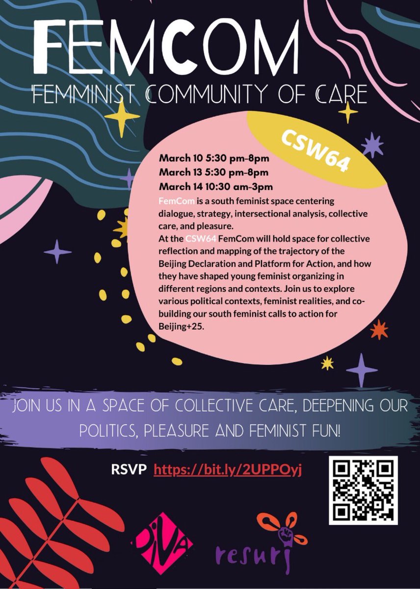 diva4equality's tweet photo. Join @diva4equality and @RESURJ at #CSW64 for #FEMCOM
@DAWNfeminist @AWID @RESURJ @IntlWomen @IWRAW_AP @chirapaqoficial @Women_Rio20 @WECF_INT @ggjalliance @IntlWomen @mamacash @AstraeaUpdates @WGC_Climate @kathykijiner @mhelkena @unwomenpacific @FWRM1 @phumzileunwomen @LopaUN https://t.co/VXglJa4sSY