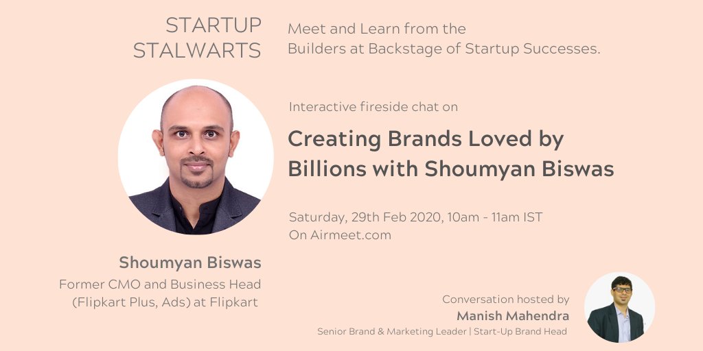 This Saturday, we're hosting a fireside chat on brands, careers, projects and insights with Shoumyan Biswas, former CMO at <a href="/Flipkart/">Flipkart</a> (Currently heading strategy <a href="/faasos/">faasos</a> ), and Manish Mahendra, senior Brand &amp; Marketing Leader and Start-Up Brand Head.

bit.ly/shoumyanbiswas