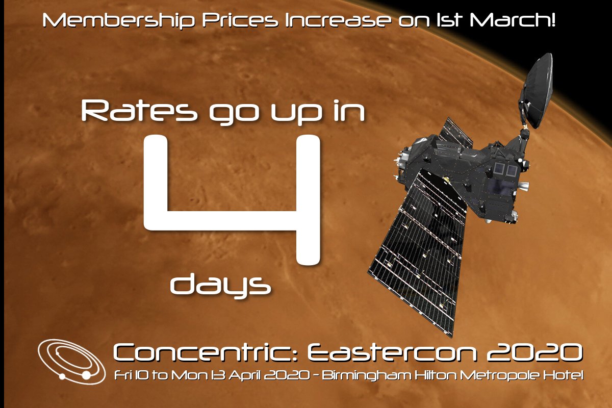 2020Concentric's tweet photo. Membership rates will be increasing on 1st March at 12:01am. Have you joined yet? Read more about membership types and rates here: https://t.co/4t3xngSzgv
#concentric2020 #eastercon https://t.co/hmLKTbtmXu
