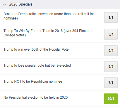 Ladbrokes Politics On Twitter Ladbrokes 20 1 For Us Presidential Election Not To Be Held In 2020 Https T Co Aia8xl0eed